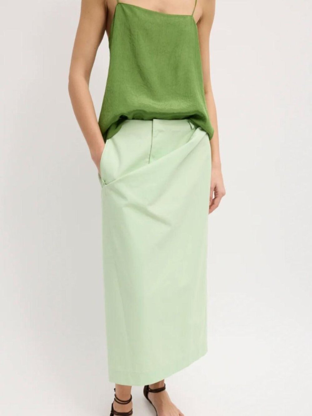 Tibi green midi skirt with wrap detail, size 4
